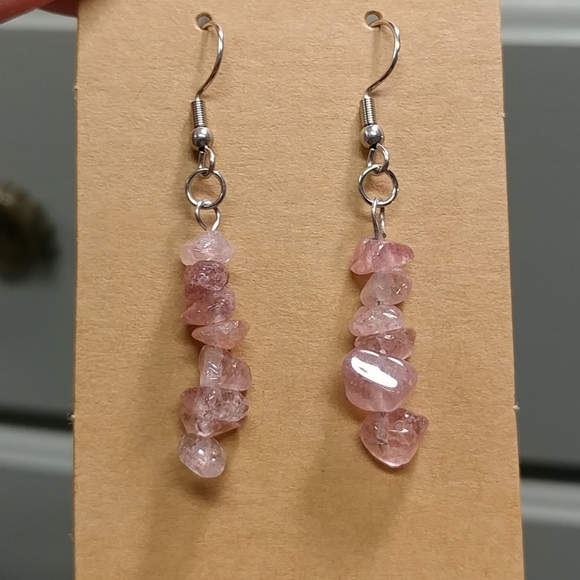 Strawberry Quartz Earrings Natural Gemstone Chip Beaded Surgical Stainless-Steel - Picture 3 of 11